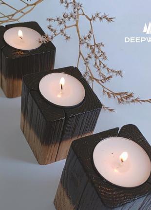 Стильні свічники з дерева на подарунок, комплект дерев'яних підсвічників для чайних свічок1 фото