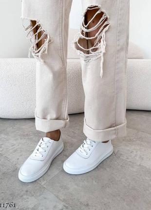 Натуральные кожаные белые кеды - мокасины на шнуровке8 фото