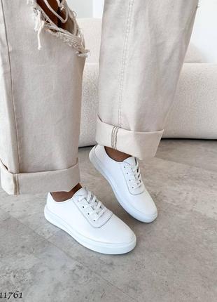 Натуральные кожаные белые кеды - мокасины на шнуровке5 фото