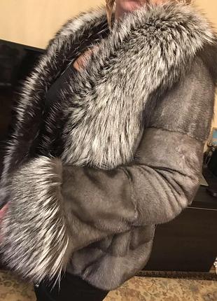 Saga furs, полушубок из серебристой норки с шалевым воротом из финской чернобурки