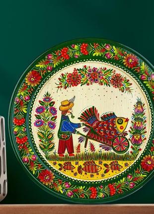 Розписна тарілка з дерева з квітковим орнаментом|декоративна розписна тарілка ручної роботи| рибалка2 фото