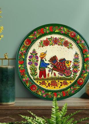 Распыленная тарелка из дерева с цветочным орнаментом&lt;unk&gt; декоративная роспись ручной работы&lt;unk&gt;4 фото
