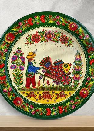 Распыленная тарелка из дерева с цветочным орнаментом&lt;unk&gt; декоративная роспись ручной работы&lt;unk&gt;3 фото