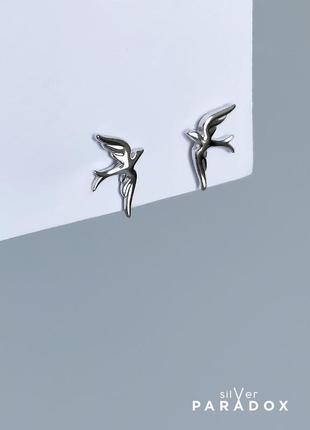 Серьги пусеты гвоздики серебро 925 птицы новые серебряные сережки