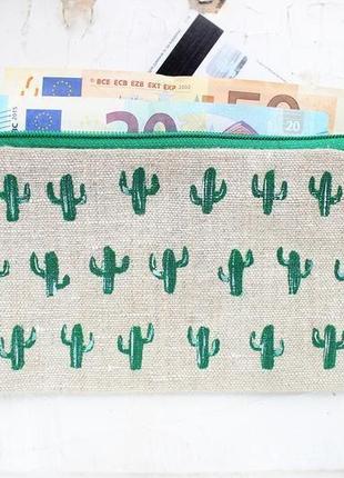 Льняний гаманець "кактуси" з двома відділеннями для купюр і одним для карток4 фото