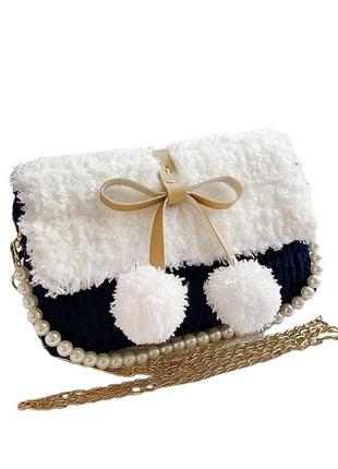Канва с фурнитурой и пряжей набор для создания сумки своими руками синяя с белым с помпонами