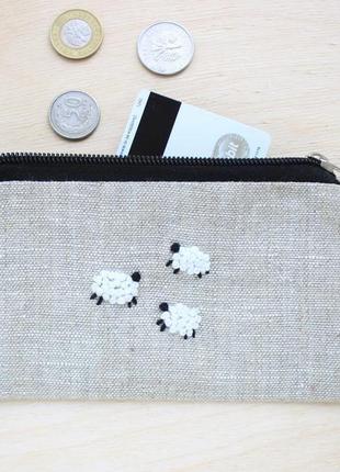 Льняной кошелек с вышивкой ручной работы "овечки", кошелек для мелочи, чехол для карточек5 фото