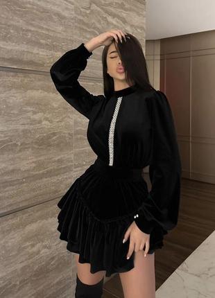 Сукня комбiнезон 🔥 черная вечерняя модная велюровая с жемчужинками