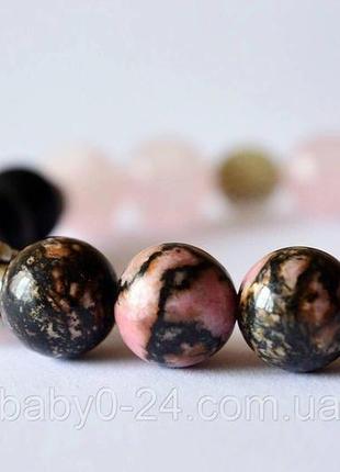 Браслет із натуральних каменів родоніт, рожевий кварц і шунгіт