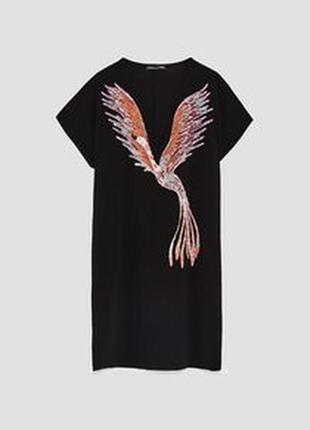 Zara стильне чорне коротке плаття з принтом птиці v-подібним вирізом і короткими рукавами2 фото