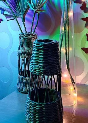 Декоративная плетеная ваза ручной работы из бумажной лозы2 фото