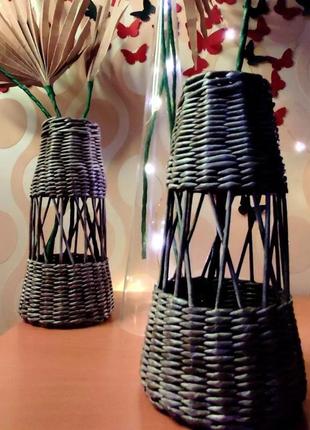 Декоративная плетеная ваза ручной работы из бумажной лозы3 фото
