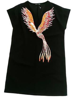 Zara стильне чорне коротке плаття з принтом птиці v-подібним вирізом і короткими рукавами4 фото