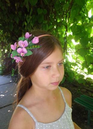 Обруч з квітами для волосся «запашний горошок фіолетовий»2 фото