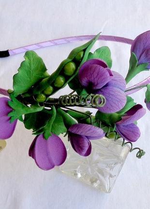 Обруч з квітами для волосся «запашний горошок фіолетовий»3 фото