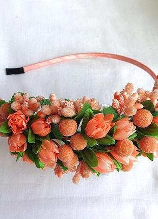 Обруч ручної роботи з квітами для волосся «персикові тюльпанчики»