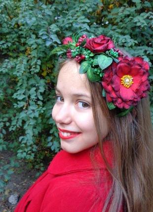 Обруч для волосся з квітами «червоні троянди»4 фото