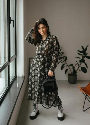 Длинное свободное шифоновое платье с поясом длинный рукав 42-48 размер1 фото