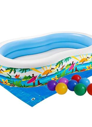 Дитячий надувний басейн intex 56490-2 «райська лагуна», 262 х 160 х 46 см, з кульками 10 шт, підстилкою,
