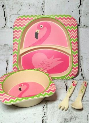 Набор детской посуды из бамбукового волокна, экологическая посуда, фламинго1 фото