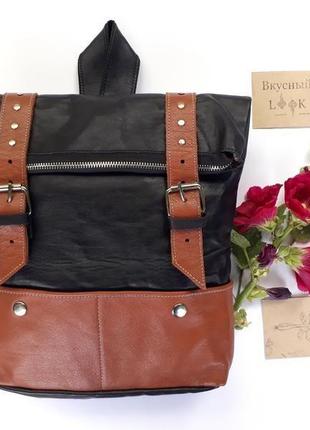 Вместительный кожаный рюкзак "ажгон"  (черный с коричневым)2 фото