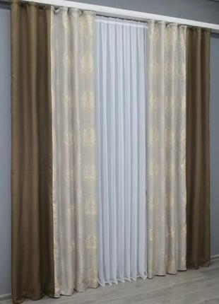 Комплект комбінованих штор (2шт.1,5х2,7м) льон блекаут. колір коричневий з бежевим3 фото