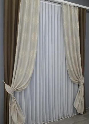 Комплект комбінованих штор (2шт.1,5х2,7м) льон блекаут. колір коричневий з бежевим2 фото