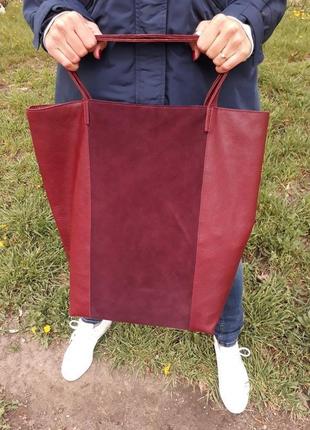 Кожаная сумка - шоппер "гвоздика" (бордовый)10 фото