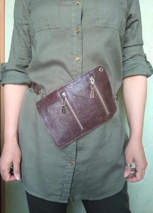 Кожаный поясной карман, сумка для денег "арахис" (коричневый)8 фото