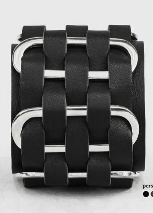 Крупный черный кожаный браслет, массивный с металлом, код 30284 фото
