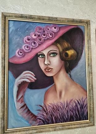 Живопис, дама в капелюсі,полотно розмір 40х50см