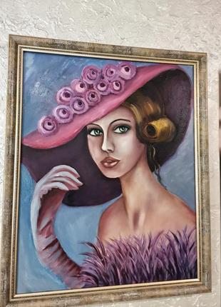 Живопис, дама в капелюсі,полотно розмір 40х50см
