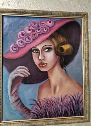 Живопис, дама в капелюсі,полотно розмір 40х50см