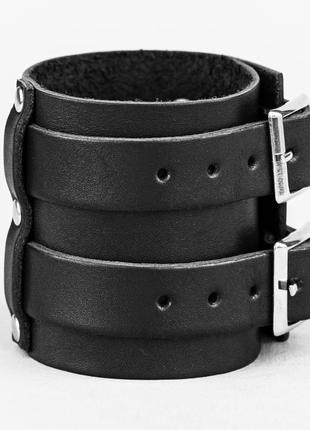 Черный широкий кожаный браслет с двумя полосами и металлическими вставками код 67402 фото