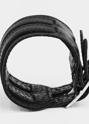 Черный прошитый широкий стильный кожаный браслет с двумя полосами код 6411ст2 фото