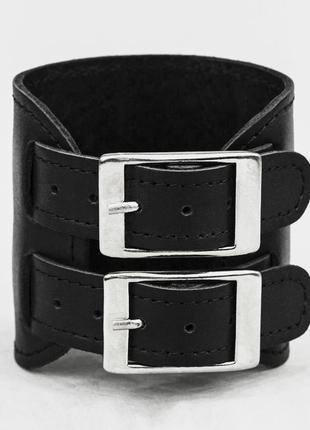 Чорний прошитий широкий стильний шкіряний браслет з двома смугами код 6411ст5 фото