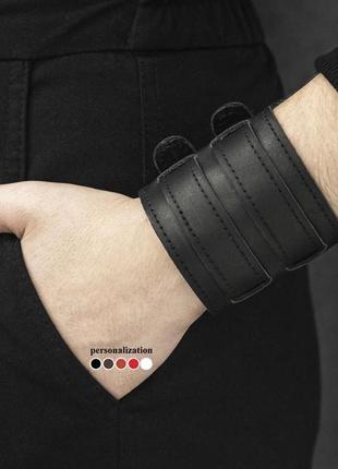 Чорний прошитий широкий стильний шкіряний браслет з двома смугами код 6411ст7 фото