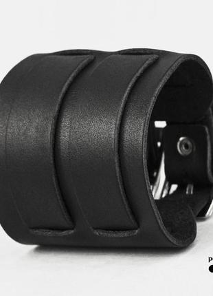 Черный широкий стильный кожаный браслет с двумя полосами код 64111 фото