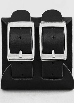 Черный широкий стильный кожаный браслет с двумя полосами код 64112 фото