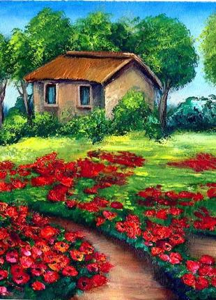 Пейзаж з червоними маками, картина розмір 20х20см