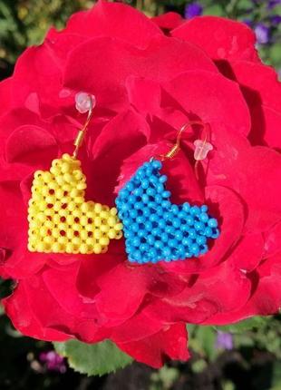 Сережки з бісеру сердце синьо-жовті6 фото