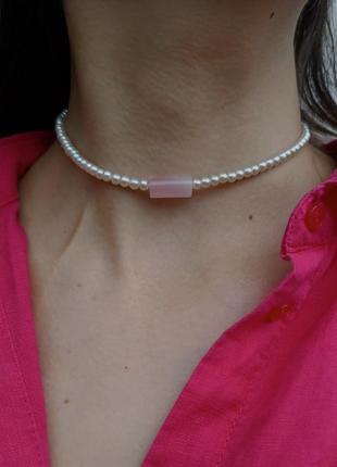 Намисто зі скляних перлів та рожевого кварцу3 фото