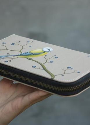 Жіночий шкіряний гаманець з синичкою.2 фото