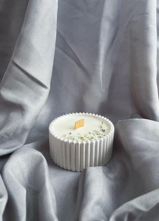 Аромат крем-брюле соєва свічка з білими квітами в кашпо
