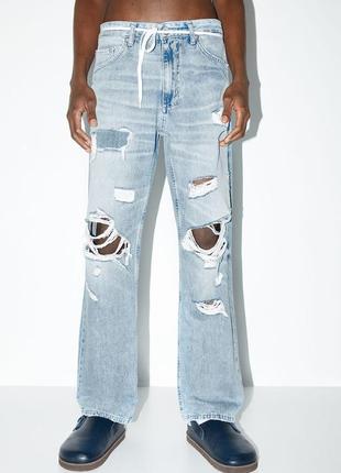 Рваные мужские молодежные джинсы pull&bear wide-leg-jeans mit rissen6 фото