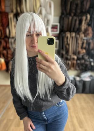 Парик белый длинный с челкой ровный, молочный