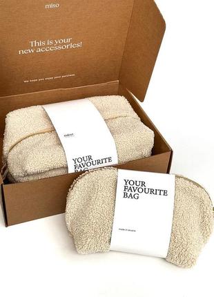 Косметичка меховая тедди женская бежевая маленькая органайзер из меха для косметики...