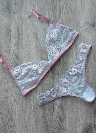 Ніжний сіро-рожевий комплект білизни, комплекти мереживного білизни, комплекти жіночої білизни