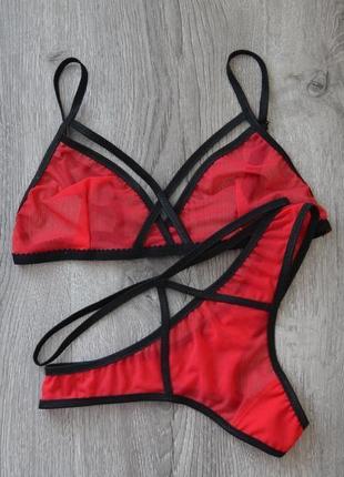 Червоний з чорним комплект нижньої білизни, комплект мереживного білизни,комплект жіночої білизни2 фото