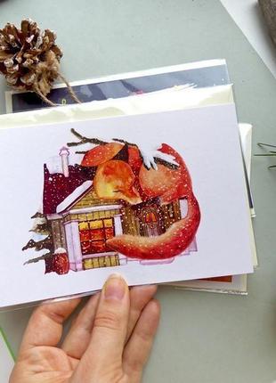 Открытка с лисичкой, зимняя акварельная открытка, уютная открытка с лисой1 фото